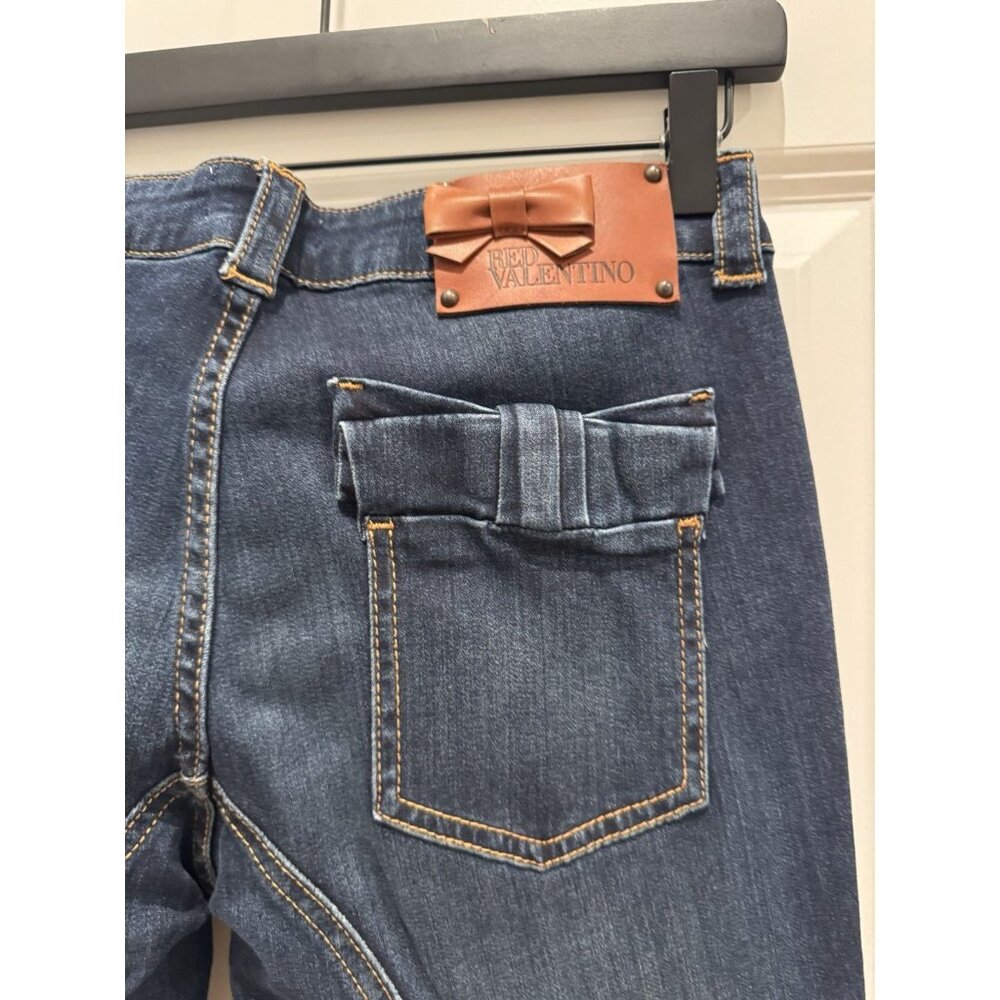 Valentino Women's Skinny Jeans in Dark Blue with Brown Leather Patch